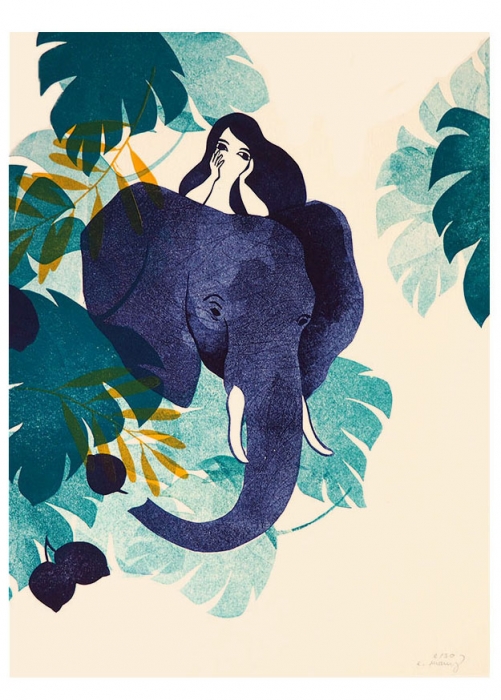 animale nature - femme éléphant - linogravure