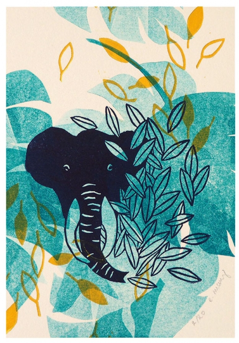 animale nature - éléphant - linogravure