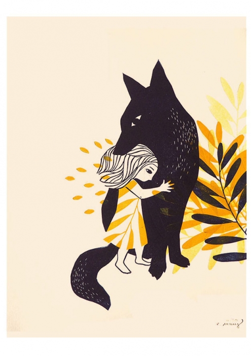 animale nature - petite fille et le loup - linogravure